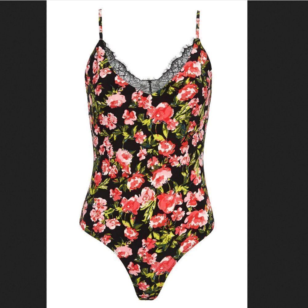 Leith Lace Trim Floral Roses Print Thong Bodysuit Size XL